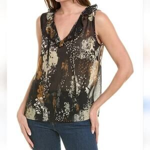 Cabi sheer chiffon frill neck watercolor exotic animal print EUC layering top M